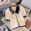 Real photo of plus-size women's clothing 2022 summer new Korean-style fashionable lapel puffed-sleeve apricot top design sense T-shirt details Picture